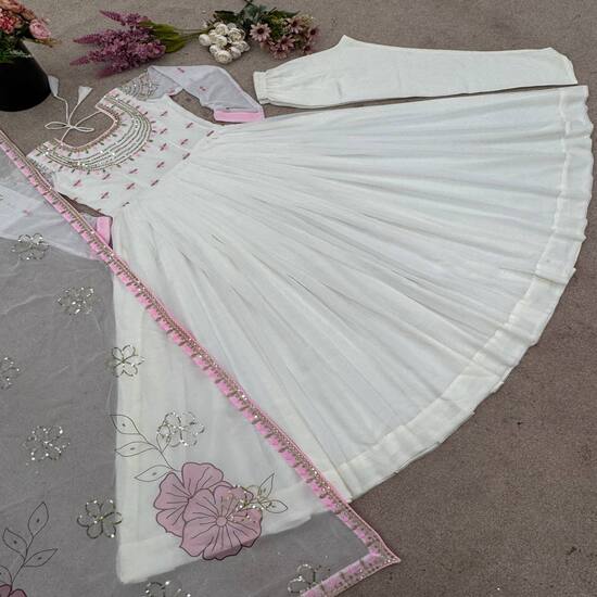 Elegant White Anarkali Suit with Pink Floral Print