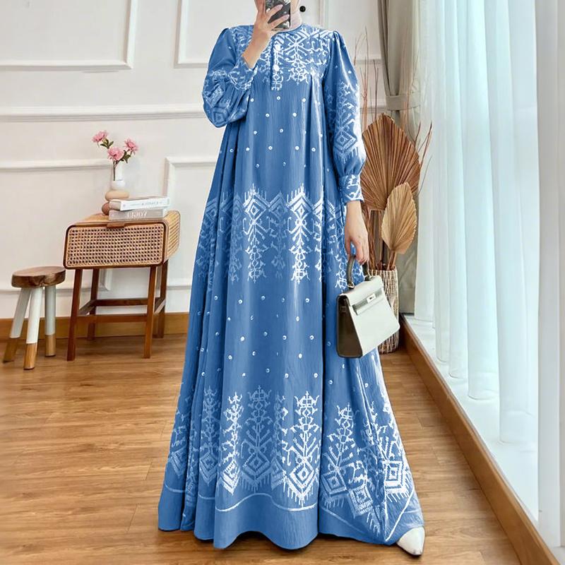 

ZANZEA Женское повседневное платье с круглым вырезом и длинным рукавом с принтом 5XL синий