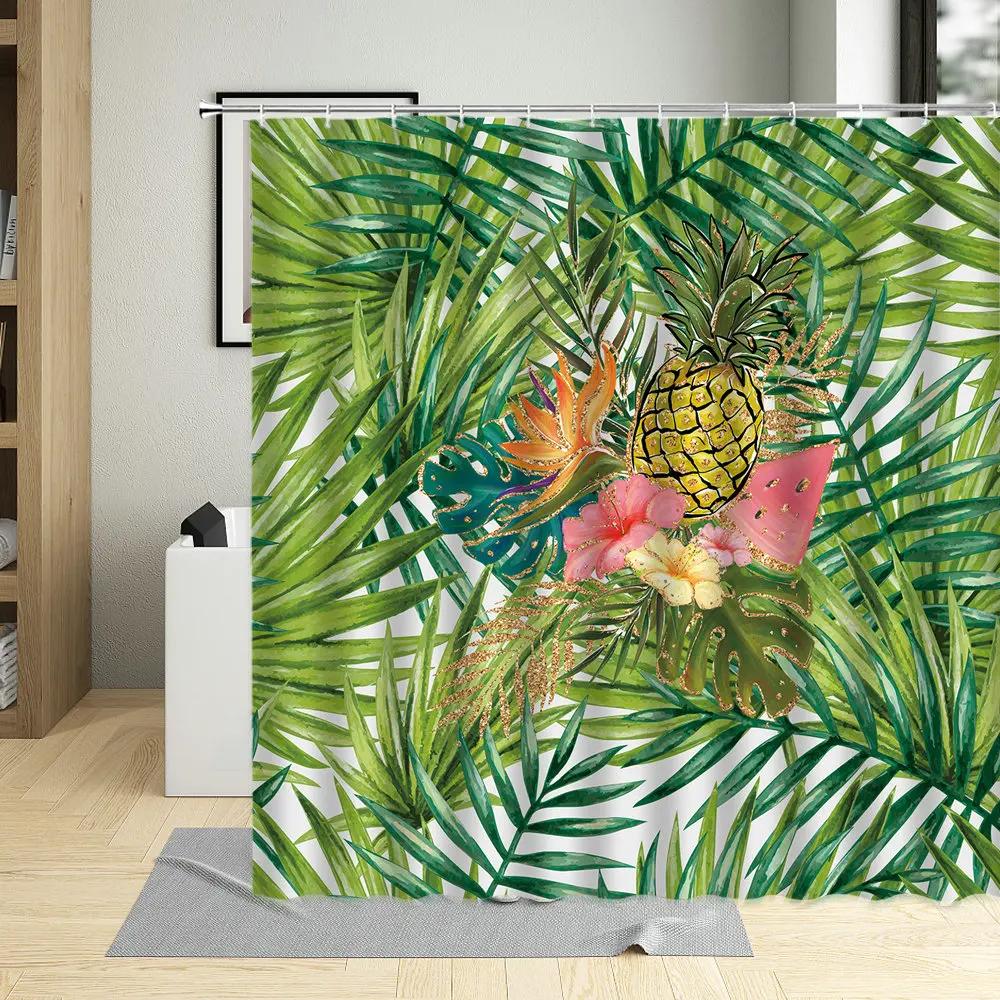 Tropical Pineapple Shower Curtains Watercolor Fruit Leaves Palm Leaf Flower Plant Bath Curtain Sets Modern Fabric Bathroom Decor