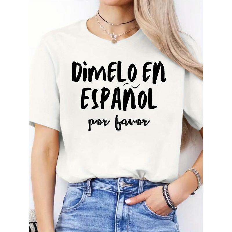 Women's Spanish Alphabet Print T-Shirt Casual Short Sleeve Round Neck Tee for Language Learning Class