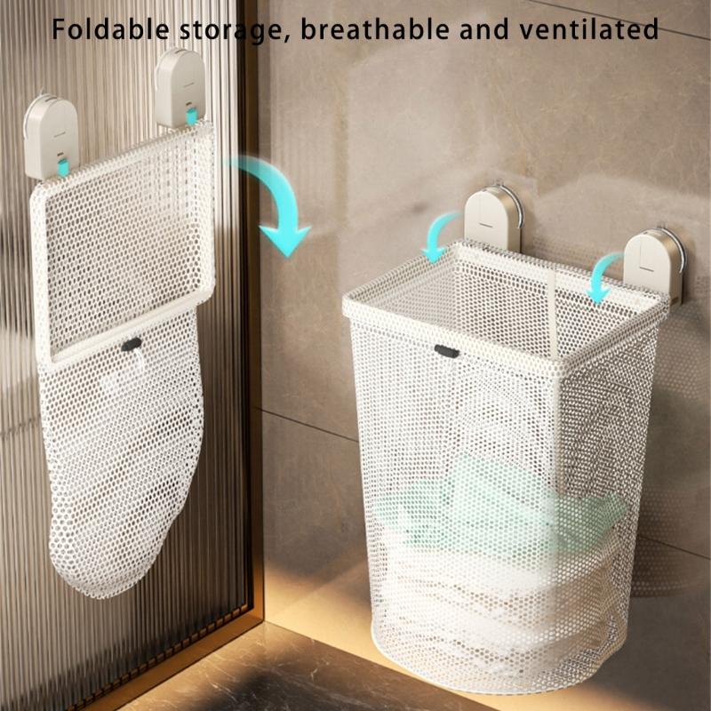 Easy Install Suction Cup Laundry Basket Foldable Mesh Storage Modern Styles Bathroom Organizer Holds Bulk Clothes