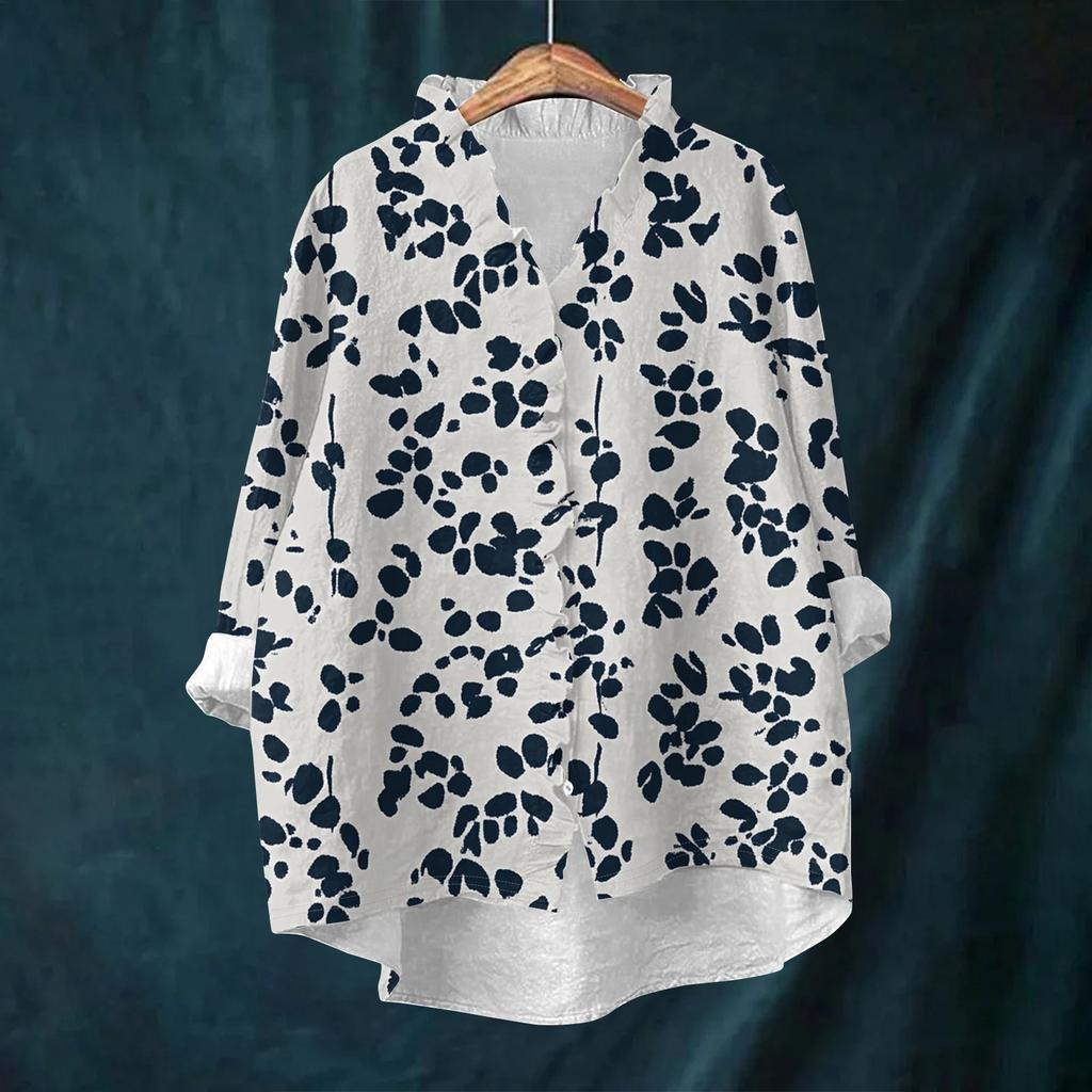 Women's Loose Ruffled Retro Floral Print Stand Collar Long Sleeve Cotton And Linen Top