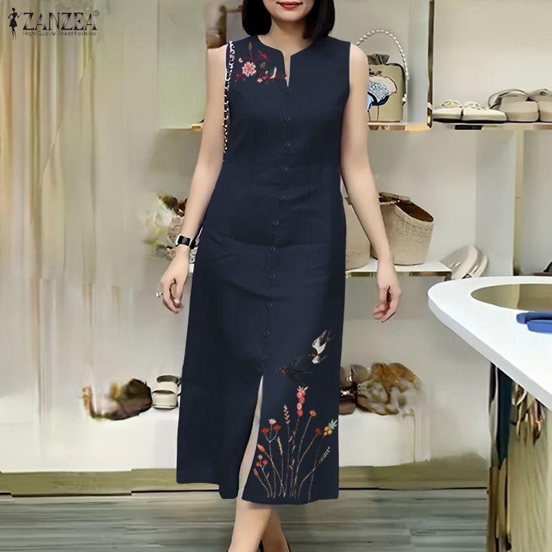 ZANZEA Women Casual Round Neck Summer Sleeveless Print Tank Dress