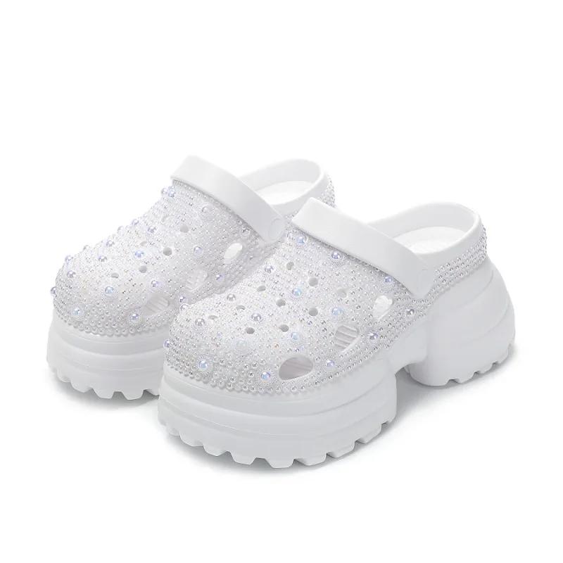 Fashion New Handmade Inlaid Pearl Thick Sole Middle Heel EVA Sandals  White Black Fashionable Women's Pearl Hollowed Out Beach Slippers