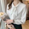 [SYitong] Women's Long-Sleeved Blouse, Stylish, White & Blue, Office Wear, Commuting, Relaxed Fit, Solid Color, Spring/Summer, Plus Sizes, Ribbon Blou