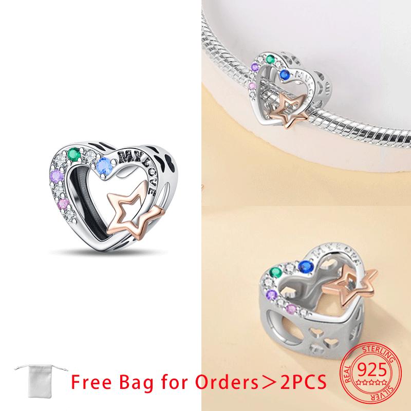 Copper Blue Zircon Heart Love Starry Sky Moon Stars Charms Beads Fit Diy Bracelet Women Jewelry Delicate Fine Gift