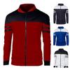 Men Autumn Coat Zipper Stand Collar Long Sleeves Contrast Colors Stretchy Hem Keep Warm Cardigan Color Matching Plush Plus Size Fall Coat for Daily
