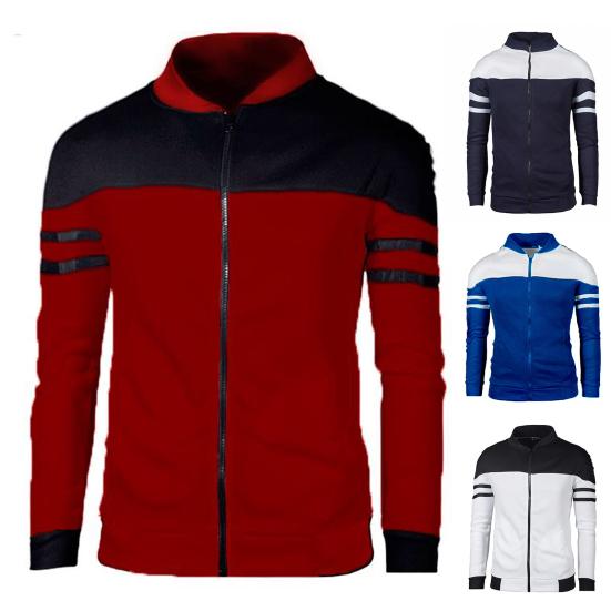 Men Autumn Coat Zipper Stand Collar Long Sleeves Contrast Colors Stretchy Hem Keep Warm Cardigan Color Matching Plush Plus Size Fall Coat for Daily