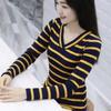 Korean All-match Striped Slim T-shirt Female Clothing Casual V-Neck Spliced Spring Autumn New Commute Long Sleeve Pullovers