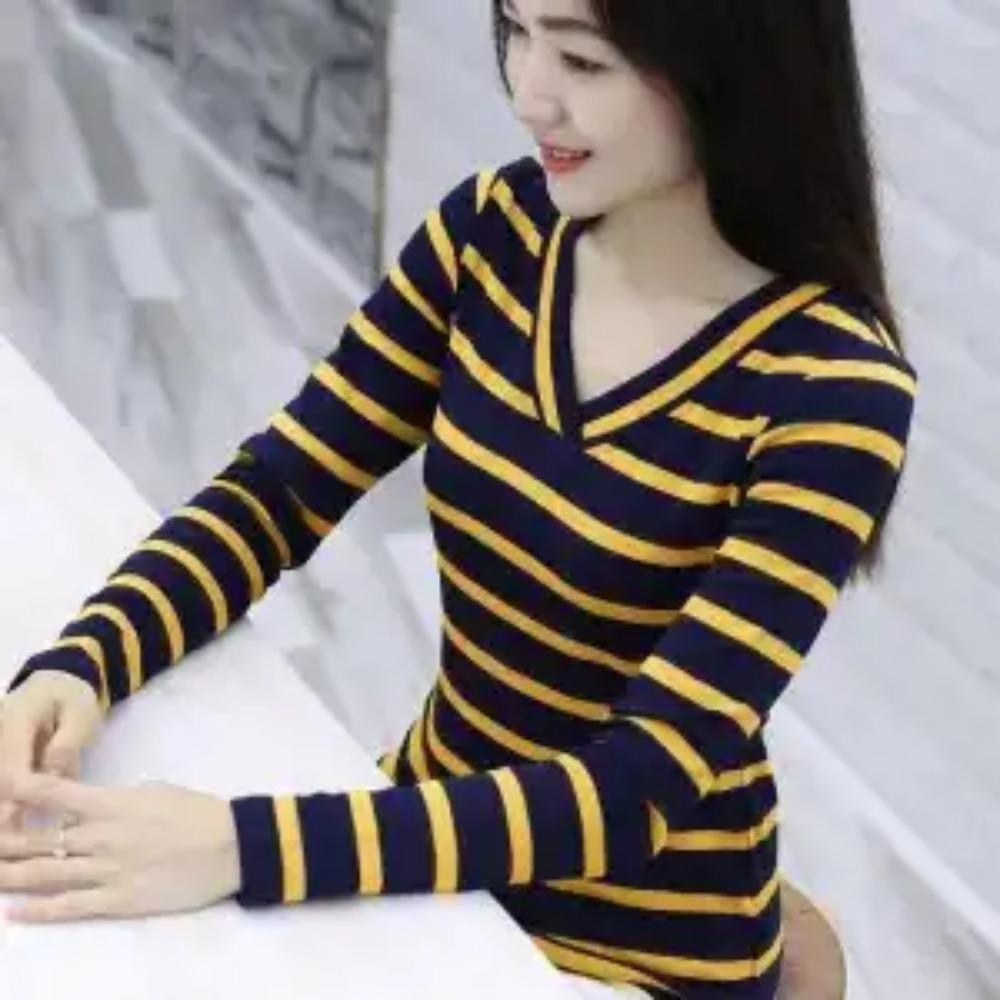 

Korean All-match Striped Slim T-shirt Female Clothing Casual V-Neck Spliced Spring Autumn New Commute Long Sleeve Pullovers L синій/жовтий