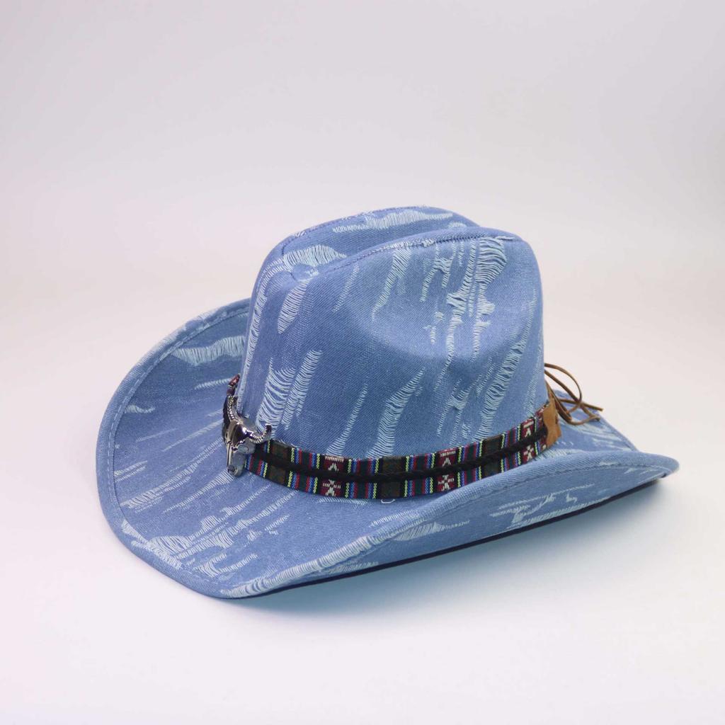 Classic Bull Head Webbing Western Denim Hat European and American Style Personality Versatile Big Eaves Curved Eaves One-word Gentleman's Top Hat