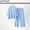 BITCED Women's Solid Vintage Pants Set Cotton Linen Casual Long Sleeve Loose Cotton Set