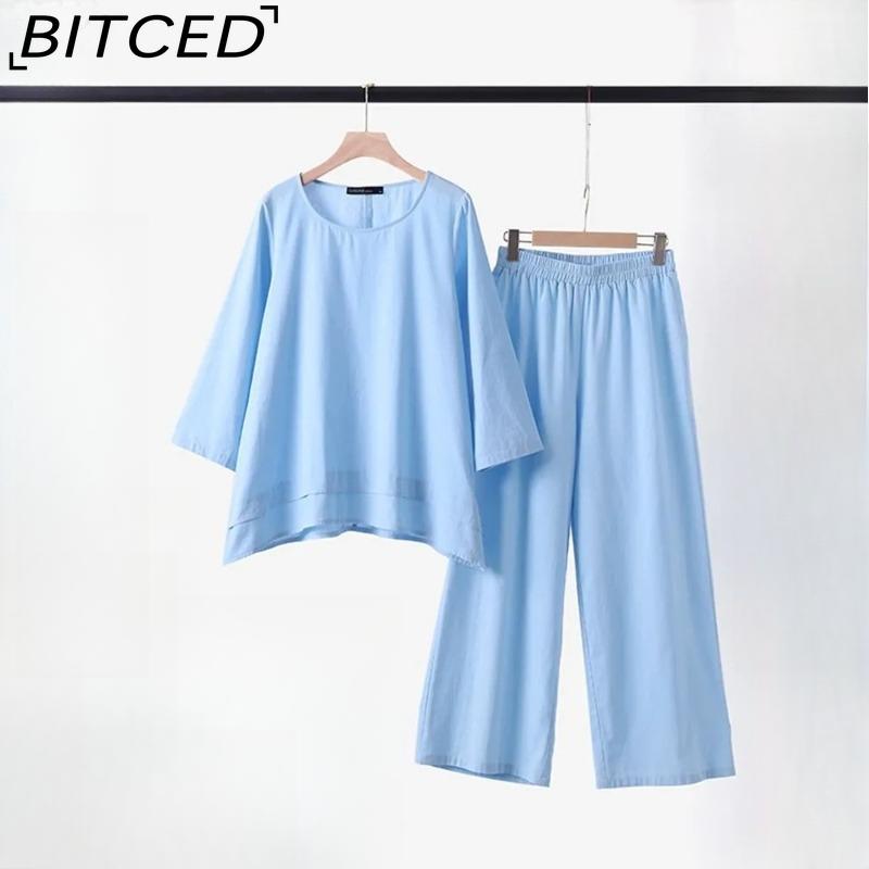 BITCED Women's Solid Vintage Pants Set Cotton Linen Casual Long Sleeve Loose Cotton Set