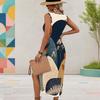 Women Plus Size U Neck Sleeveless Abstract Printed Blue White Tank Dress High Side Slit Curved Hem