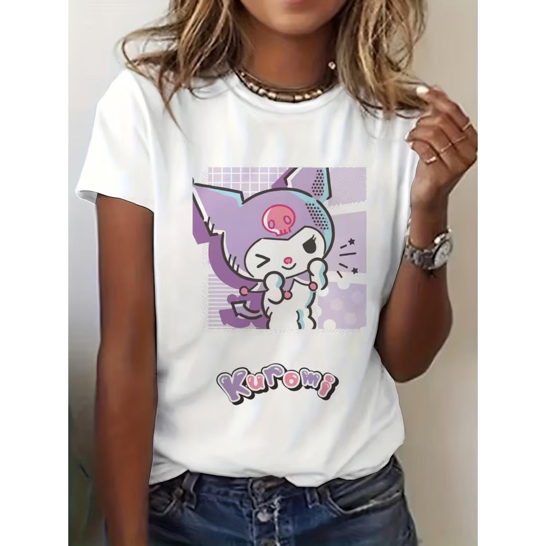 

Женская футболка Sanrio Kuromi с мультяшным графическим принтом - Повседневный топ с коротким рукавом и круглым вырезом с игривым дизайном кошки и сердца S белый