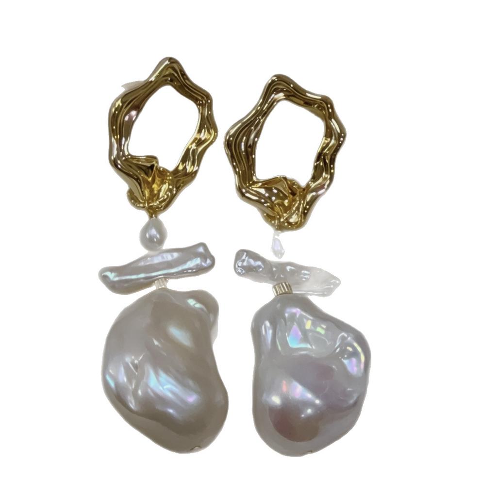 Vintage natürliche Mode große barocke unregelmäßige Perlenstecker Ohrringe Damen Silbernadel Ohrringe leichter Luxus Französische Ohrringe