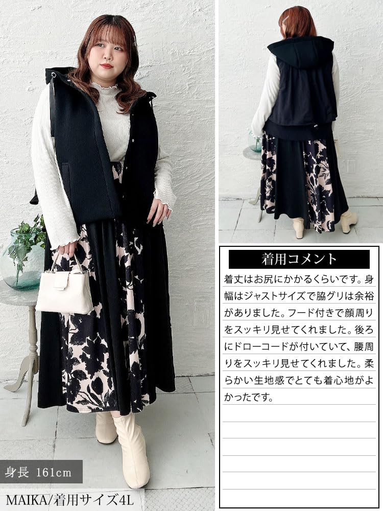 Gold Japan Plus Size Outerwear Vest Jacket Coat with Mixed Padded Tiered Size Black Women's Hood, Material, Pockets, Drawstring, Autumn, LL,