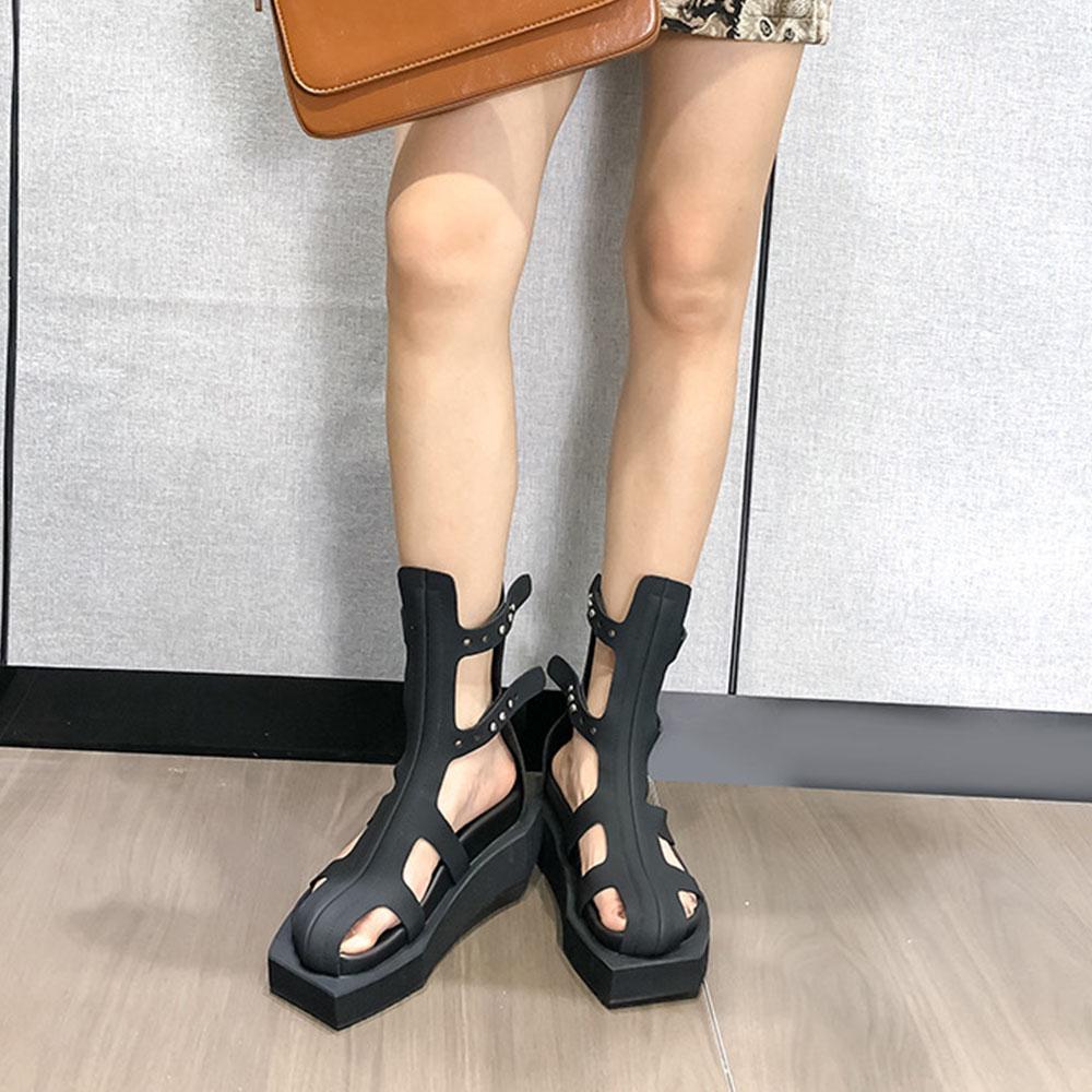 Y2K Punk Sommer Stiefeletten Sandalen für Damen Neue INS Trendige Mid-calf Mesh Damenschuhe Echtes Leder Aushöhlte Sandalen