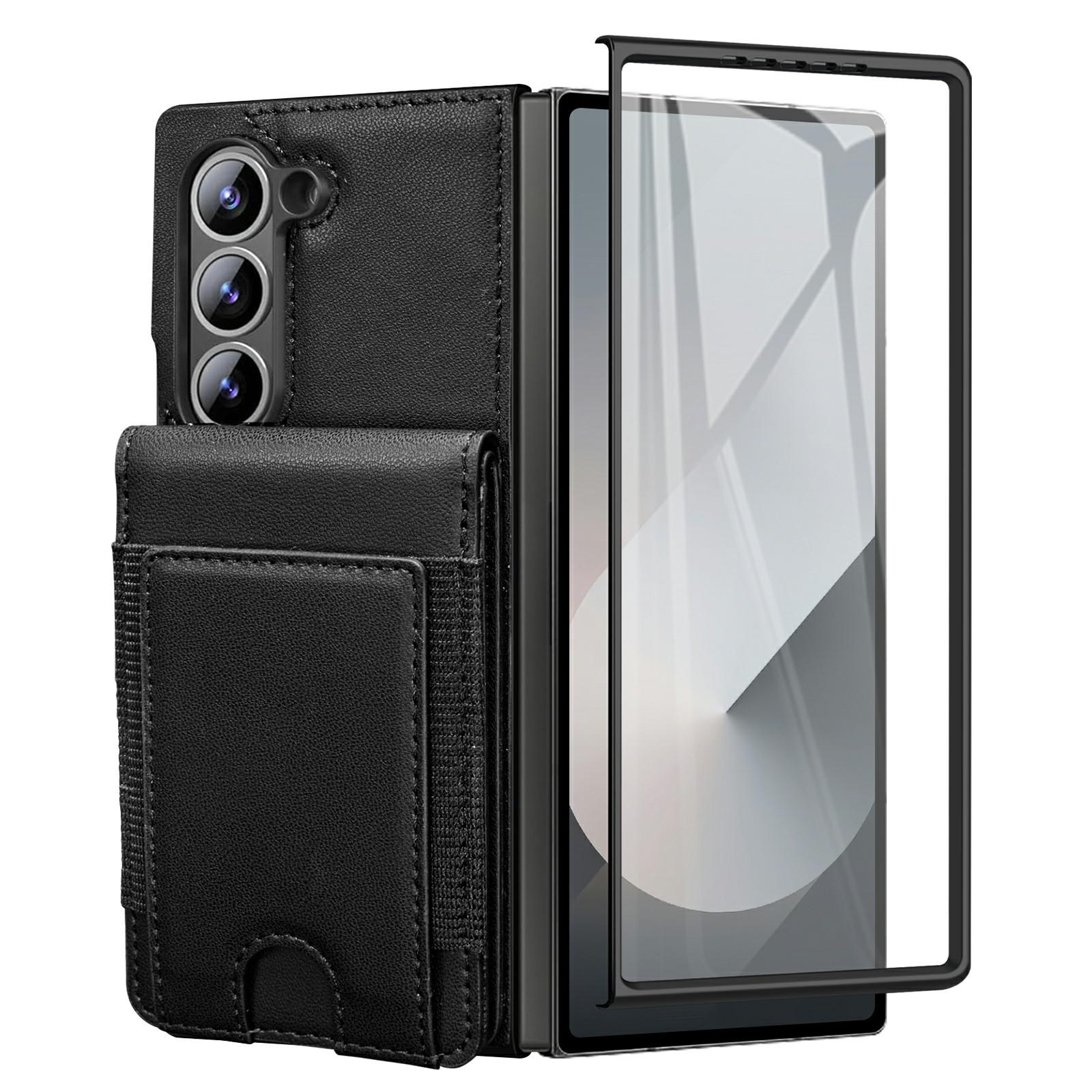 

For Samsung Galaxy Z Fold6 5G Case Card Bag Kickstand Leather+PC Phone Cover with HD Screen Protector Black