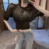 Summer Blouse Women Korean Hollow Out Lace White Women Shirt Short Sleeve Button Loose Shirts Solid Female Tops