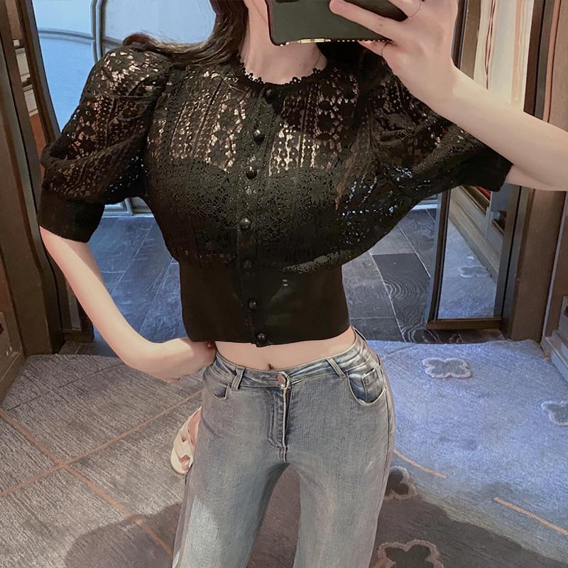 Summer Blouse Women Korean Hollow Out Lace White Women Shirt Short Sleeve Button Loose Shirts Solid Female Tops