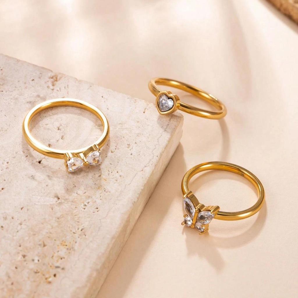 European Golden Ring Set: Shiny Rhinestone Butterfly, Heart & Bow Design in Stainless Steel