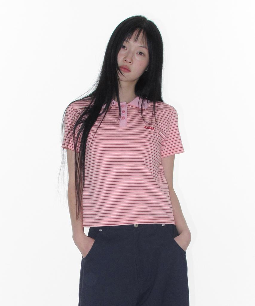 AMES-WORLDWIDE Basic Stripe Collar Tee Pink