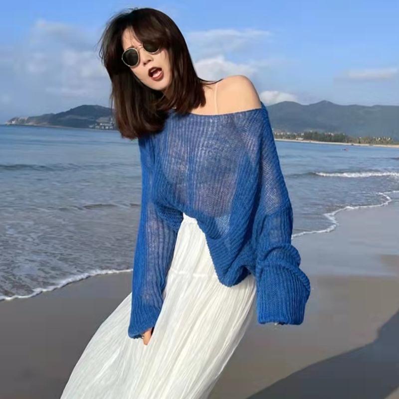 Women's Knitted Sweaters Thin See Through Casual Oversized Long Sleeve Sweater Lady Sexy Hollow Out Mesh Pullover Beach T-shirts