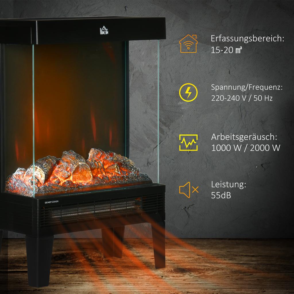Kominek elektryczny, 2000 W, wolnostojący z ogrzewaniem, efekt płomienia LED 3D, 4 poziomy jasności, z termostatem, zabezpieczenie przed przegrzaniem, czarny