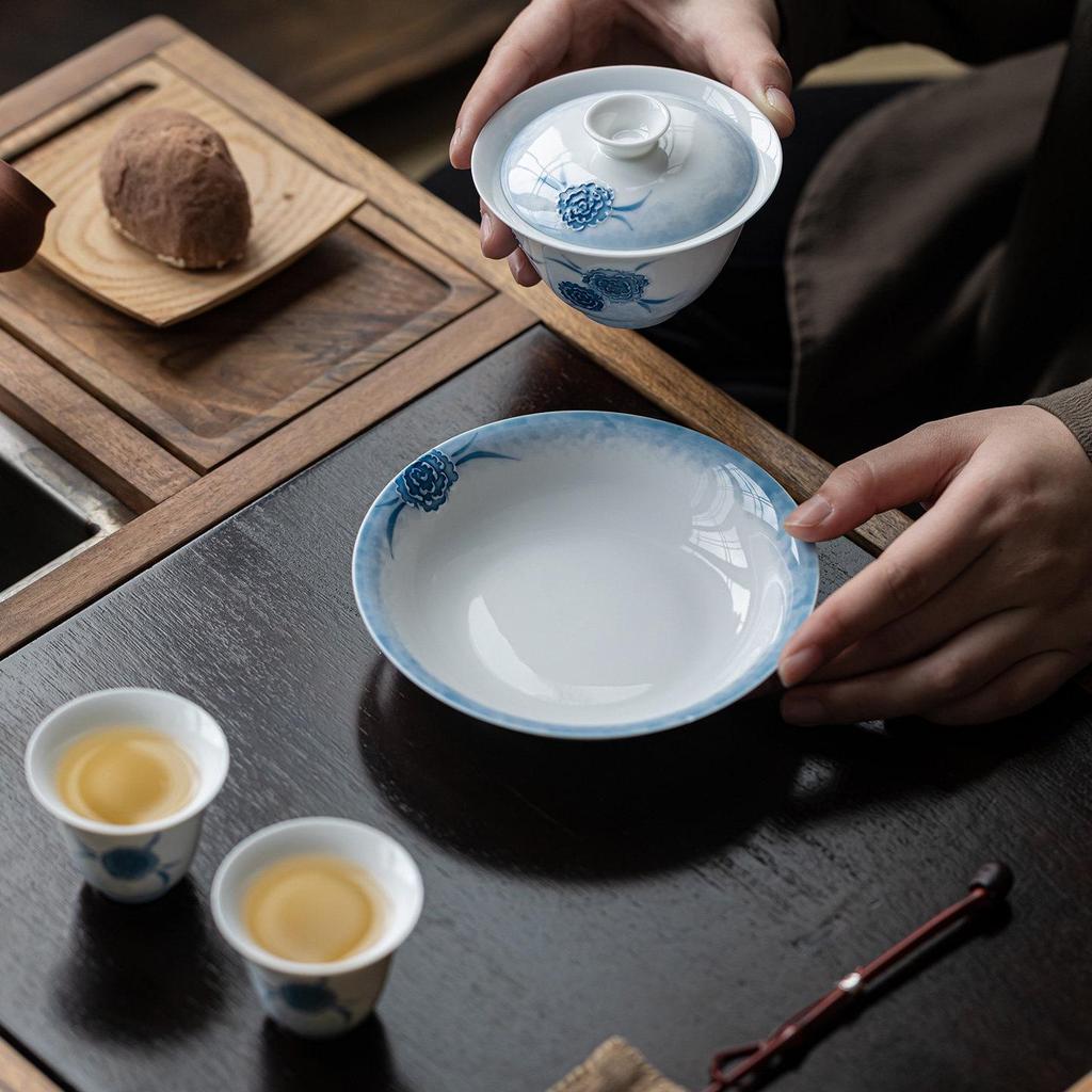 Guanlan White Porcelain Stacked Round Pot Stand & Teapot Lid Tray - Household Ceramic Tea Snack Plate & Tea Set Spare Parts.