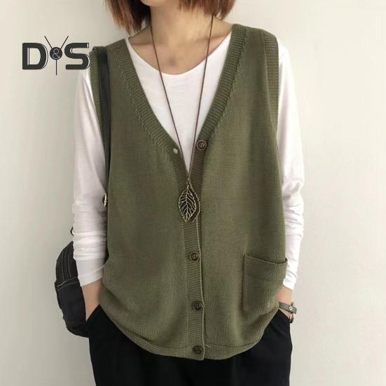 Women Knitting Vest V-Neck Sleeveless Single Breasted Warm Waistcoat Solid Color Loose Fit Knitted Tank Tops with Pockets