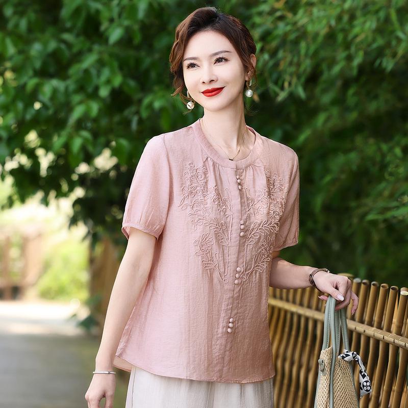 Mom's 2025 Summer Wear: New Chinese Style Blouse & Two-Piece Set for Middle-Aged and Elderly Women – Fashionable and Versatile T-Shirt.