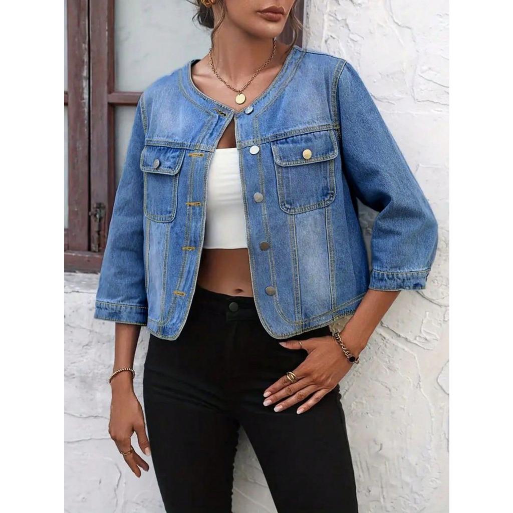 Cowboy Rundhalsjacke mit Knöpfen, Unifarben, Nicht elastisch, Elegant, Trendig, Geeignet für alle Jahreszeiten