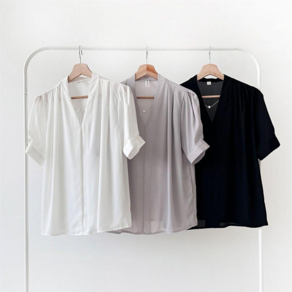 New ArriVals Open Run Women Pearl Necklace V Neck Pintuck Blouse