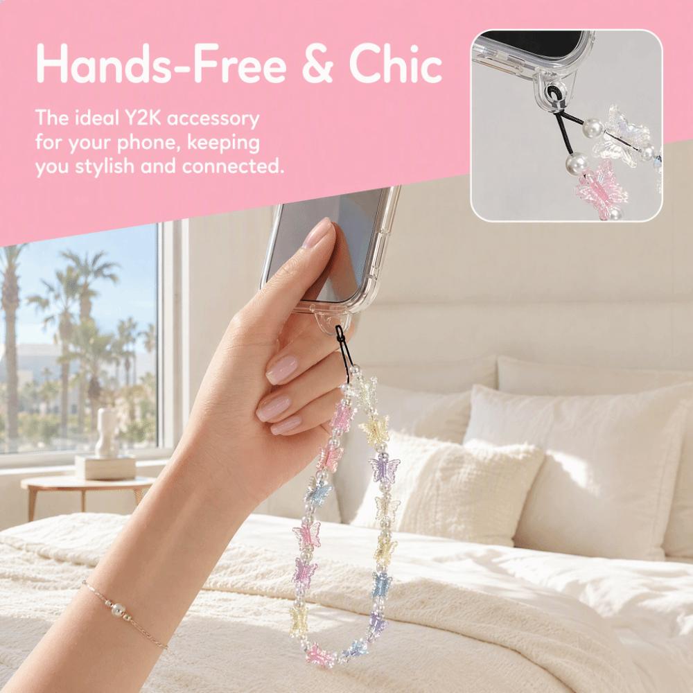 Anti-Lost Design Phone Chain Strap Plastic Pearl Beads Butterfly Phone Charm For All Phone Case