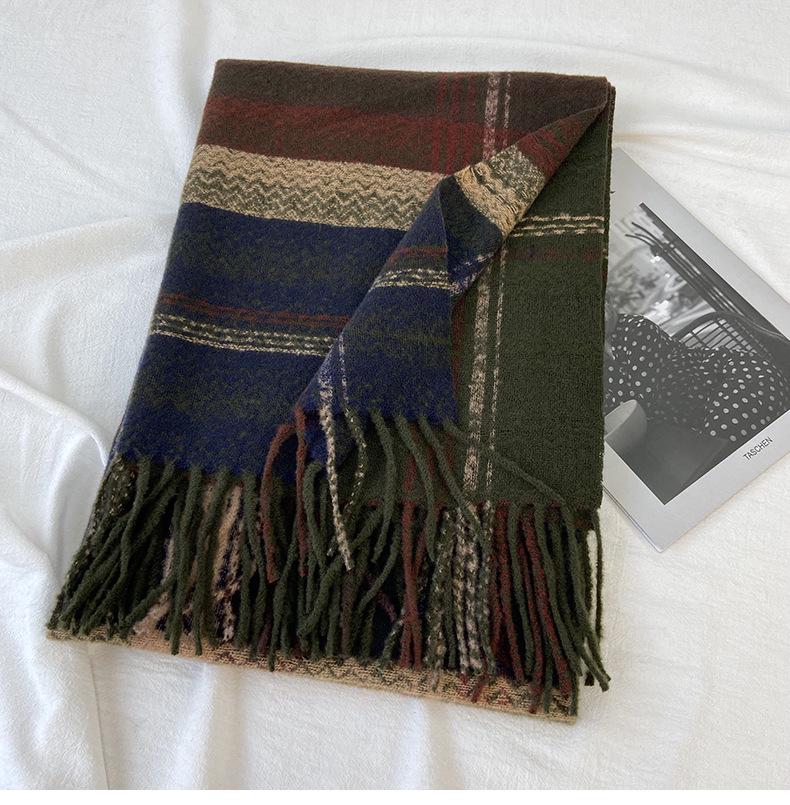 Women's High-End Plaid Tassel Shawl - Imitation Cashmere, Thickened & Warm for Autumn/Winter