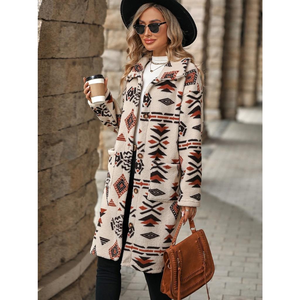 2025 Herbst Winter Neuer Ethnischer Print Sherpa Langer Mantel Damen Einreihig Flauschige Oberbekleidung Mode