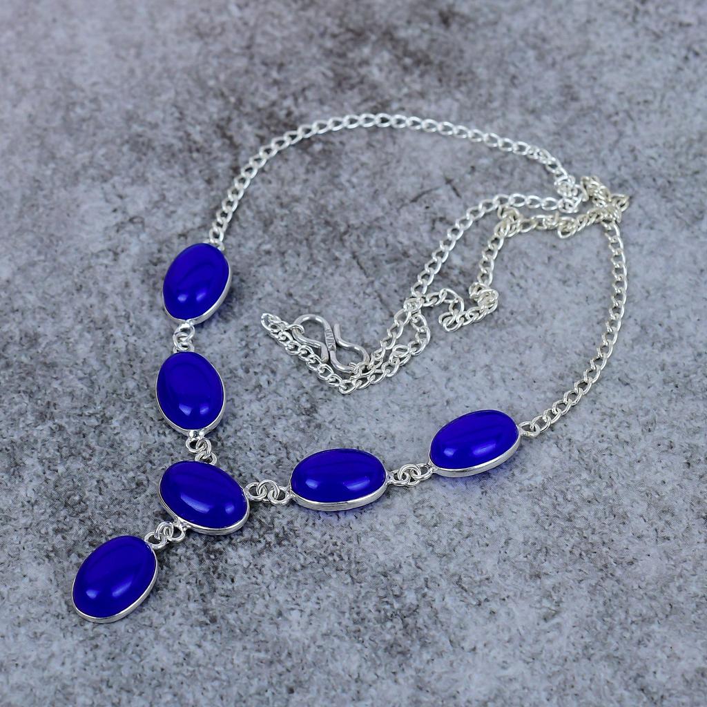 Blue Chalcedony Gemstone Handmade 925 Sterling Silver Jewelry Necklace 18" M-404