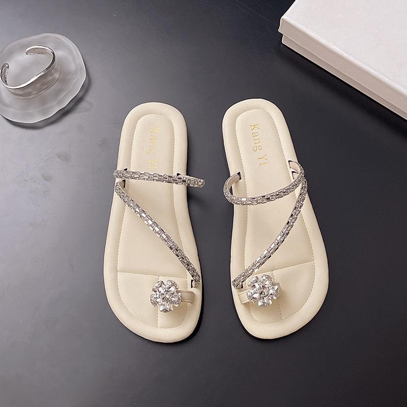 Flat-bottomed French set of toe cool slippers fairy shoes 2025 new summer soft-soled with skirt rhinestone flower sandals