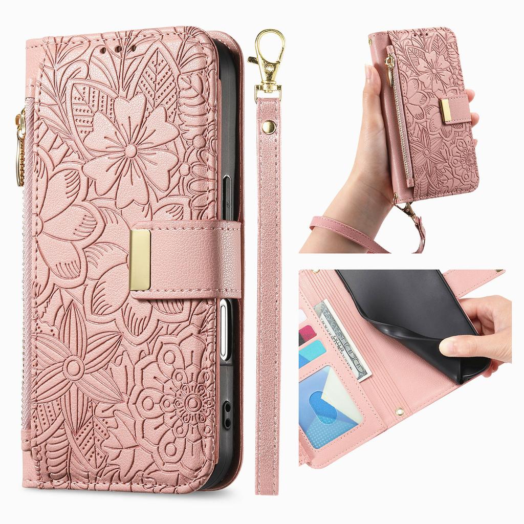 Floral Leather Wallet Case for Samsung Galaxy A05-A71 / S24-S25 series...Vintage All-in-One Card Holder w/Stand, Magnetic Closure & Wrist Strap