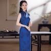 Blue Sleeveless Modern Chinese-Inspired Long Cheongsam Dress 2026 Womens Elegant Vintage Style