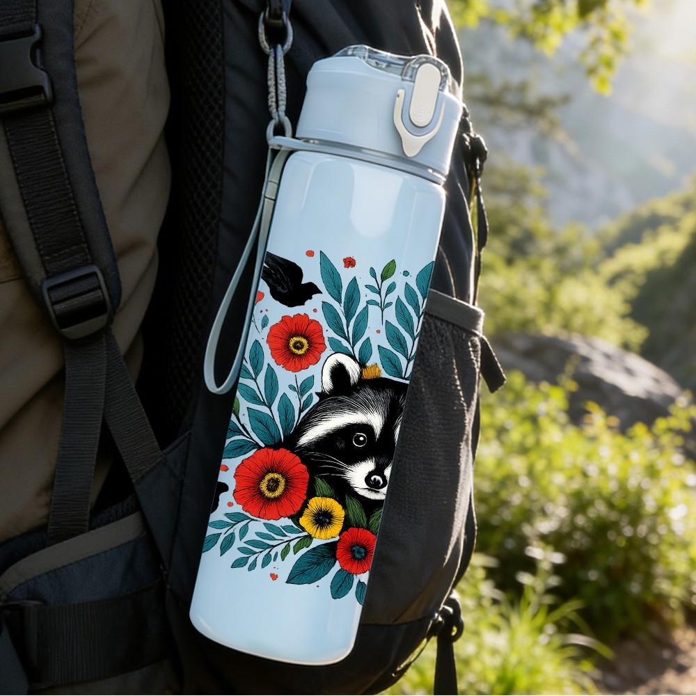 1PC Floral Raccoon Portrait 750ml Color Plastic Sports Water Bottle Leakproof Flip Straw Lid Suitable for Sports Office Home Use