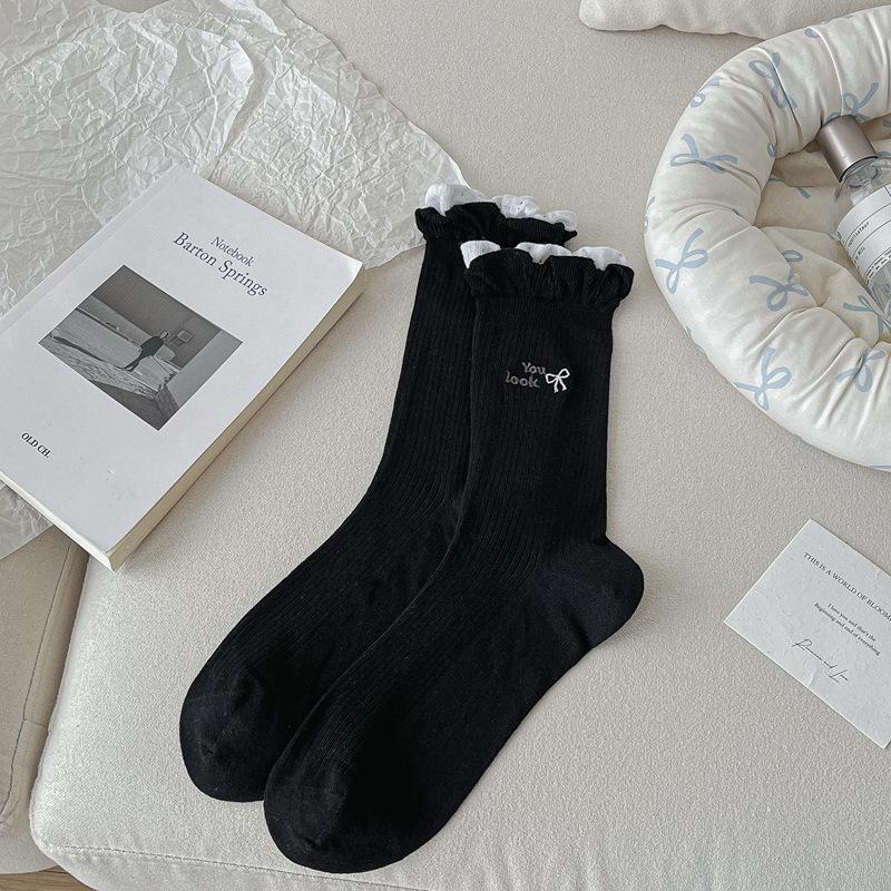 Double-Layer Lace Socks Children'S Dongdaemun Tide Socks Letter Bow Embroidered Medium Tube Stacking Socks Thin