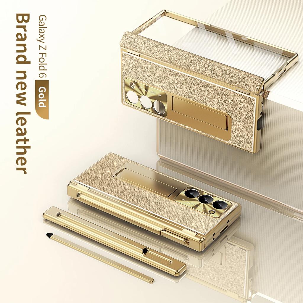 Metal Aluminum Alloy Case for Samsung Galaxy Z Fold 6 5 4 3 with Touch Pen Leather Full Protector Glass Film Stand Folding Cover