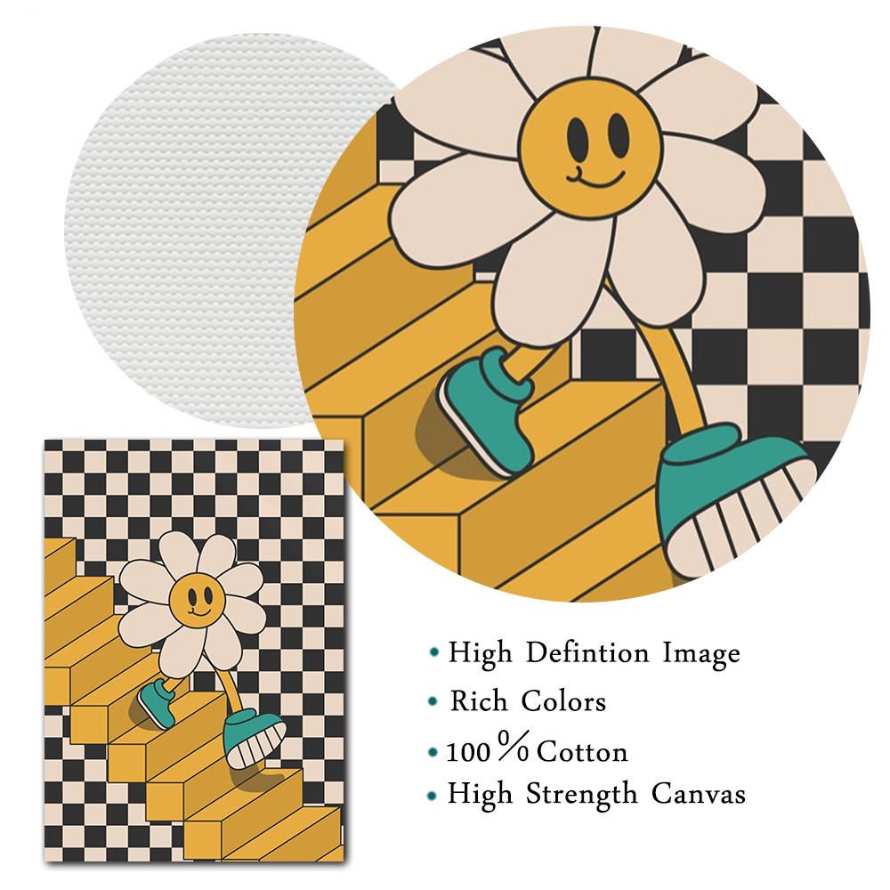 Laughing Smiling Flowers Cartoon Poster Retro Groovy 70s Style Wall Art Pictures Trendy Hippie Canvas Painting Living Room Decor