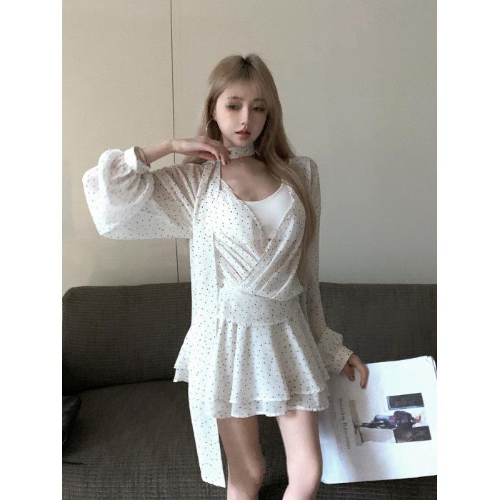 

Summer new French polka dot V-neck chiffon dress large size thin chic waist design A-word short skirt 2XL білий