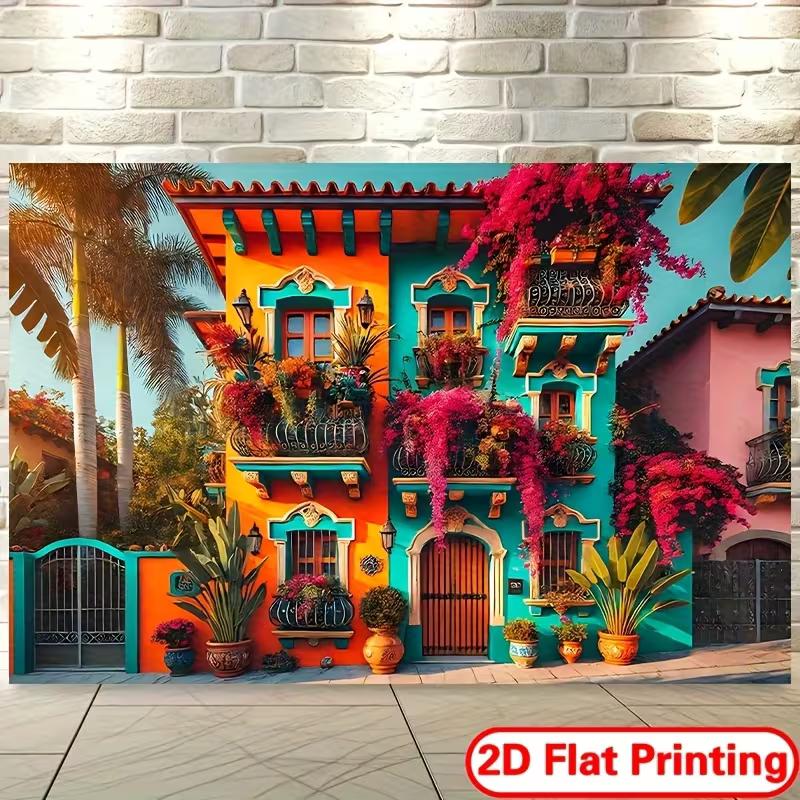 

2D Bright Tropical House Backdrop, 2D Flat Mexican Street View Background for Summer Fiesta Party Decoration 47.2x31.5inch/120*80cm