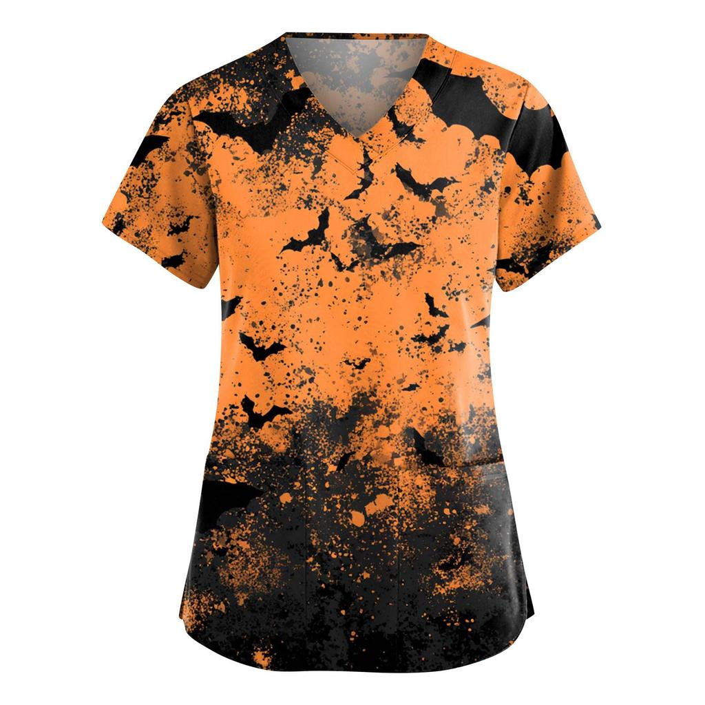 Dámská móda Overaly s krátkým rukávem a výstřihem do V s kapsami Halloweenské potištěné topy Oblečení