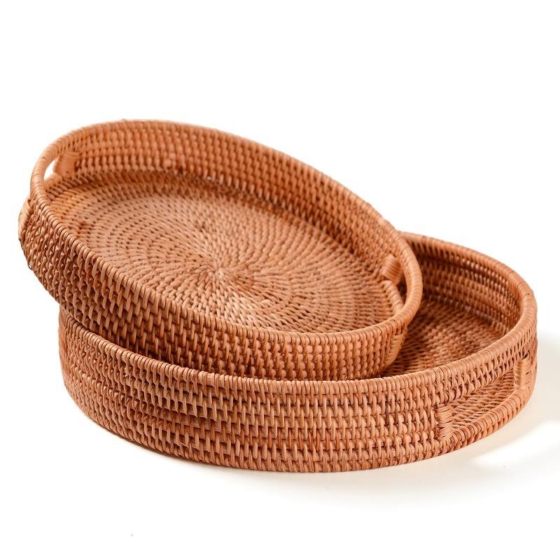 Natural Rattan Storage Baskets Multi-size Plate Tray for Bread Snacks Fruits Picnic Sundries Box Home Desk Decoration