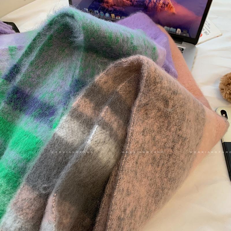 Mohair Scarf Women's Winter Korean Style High End Versatile New Shawl Plaid Thickened Warm Scarf Trendy